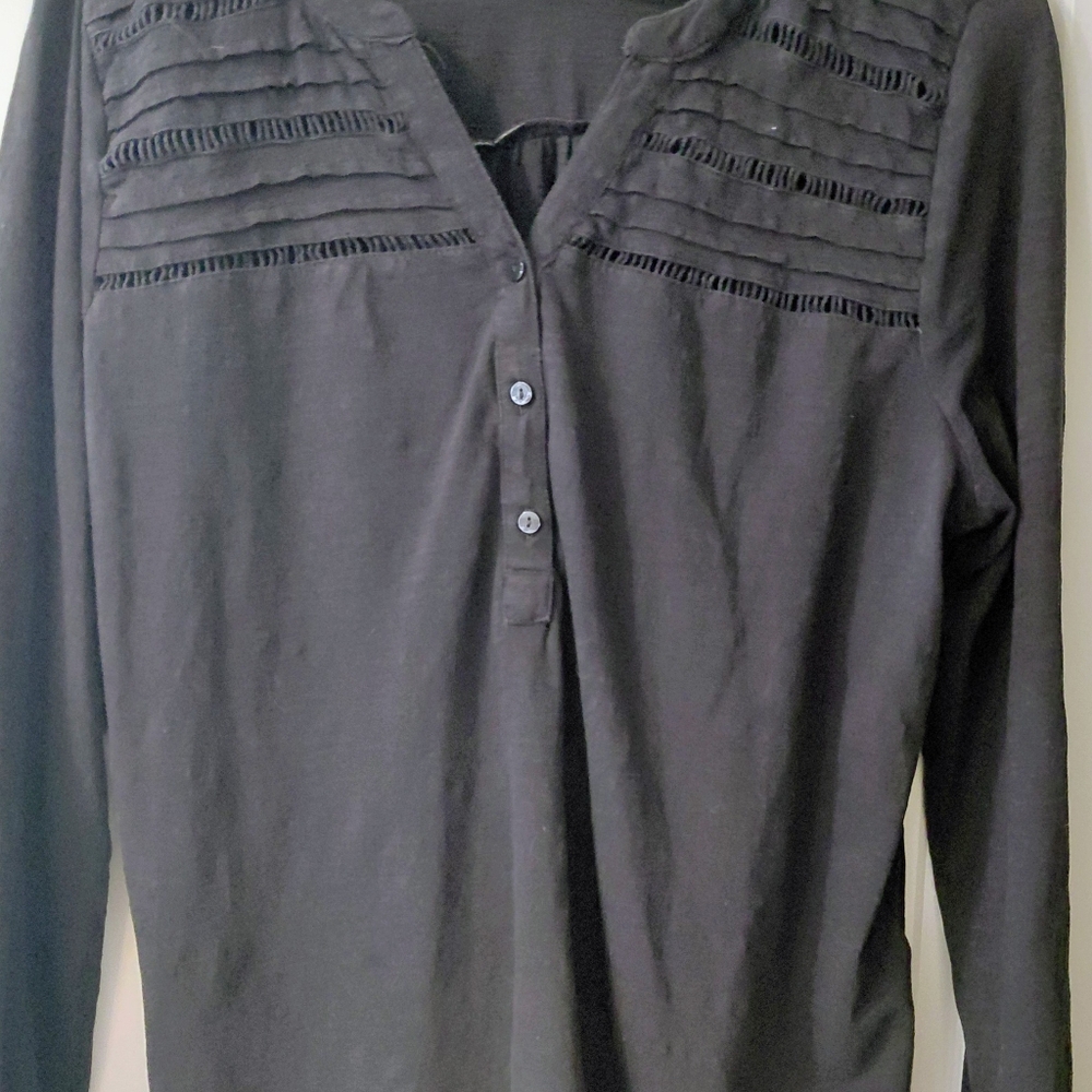 Style & Co. Black Long-Sleeve Henley with Pintuck Yoke
